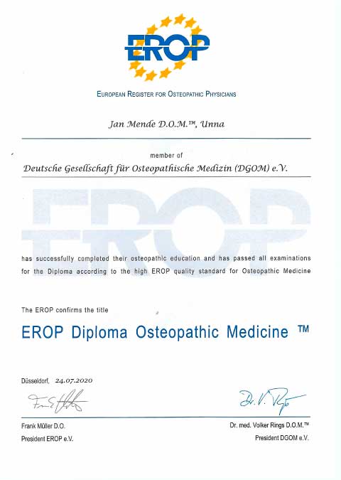 Jan Mende Unna Diplom EROP Diploma Osteopathic-Medicine TM