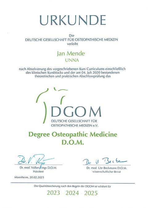 Jan Mende Unna Urkunde Degree Osteopathic-Medicine D.O.M.