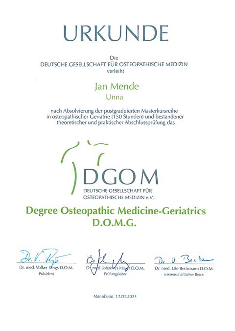 Jan Mende Unna Urkunde Degree Osteopathic Medicine-Geriatrics D.O.M.G