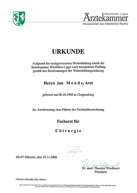 Jan Mende Unna Urkunde Facharzt für Chirurgie