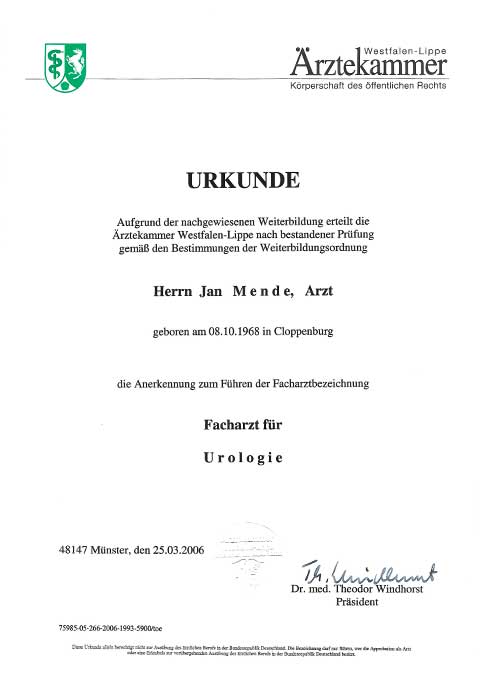 Jan Mende Unna Urkunde Facharzt für Urologie