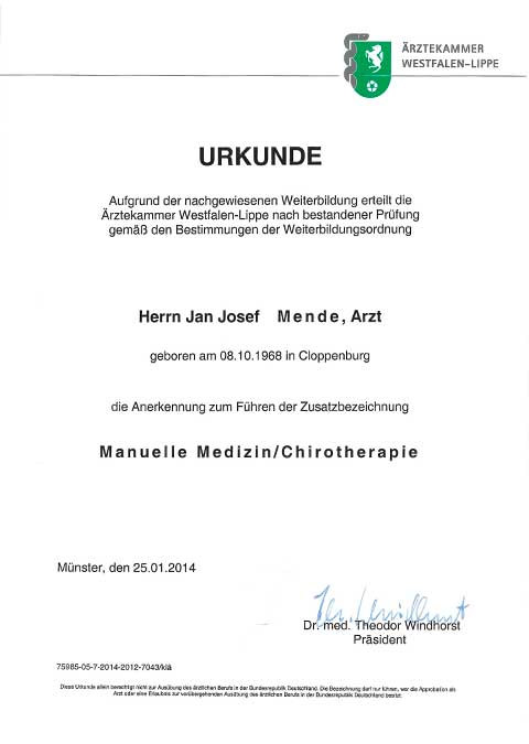 Jan Mende Unna Urkunde Manuelle Medizin/Chirotherapie