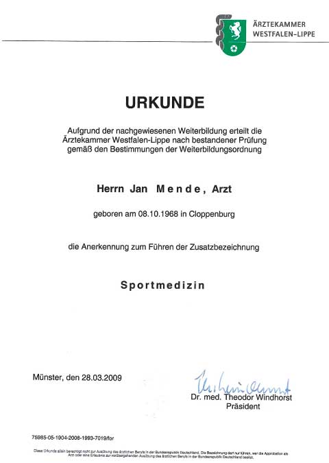 Jan Mende Unna Urkunde Sportmedizin