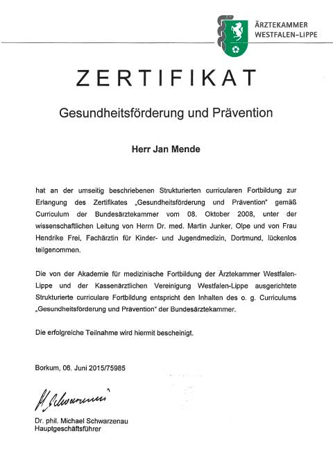 Jan Mende Unna Zertifikat Gesundheitsförderung und Prävention