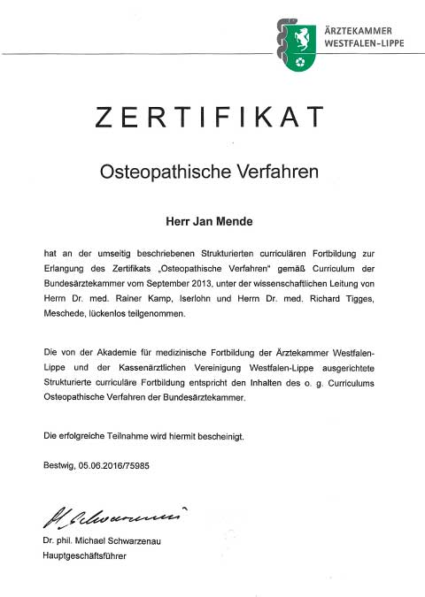Jan Mende Unna Zertifikat Osteopathische Verfahren